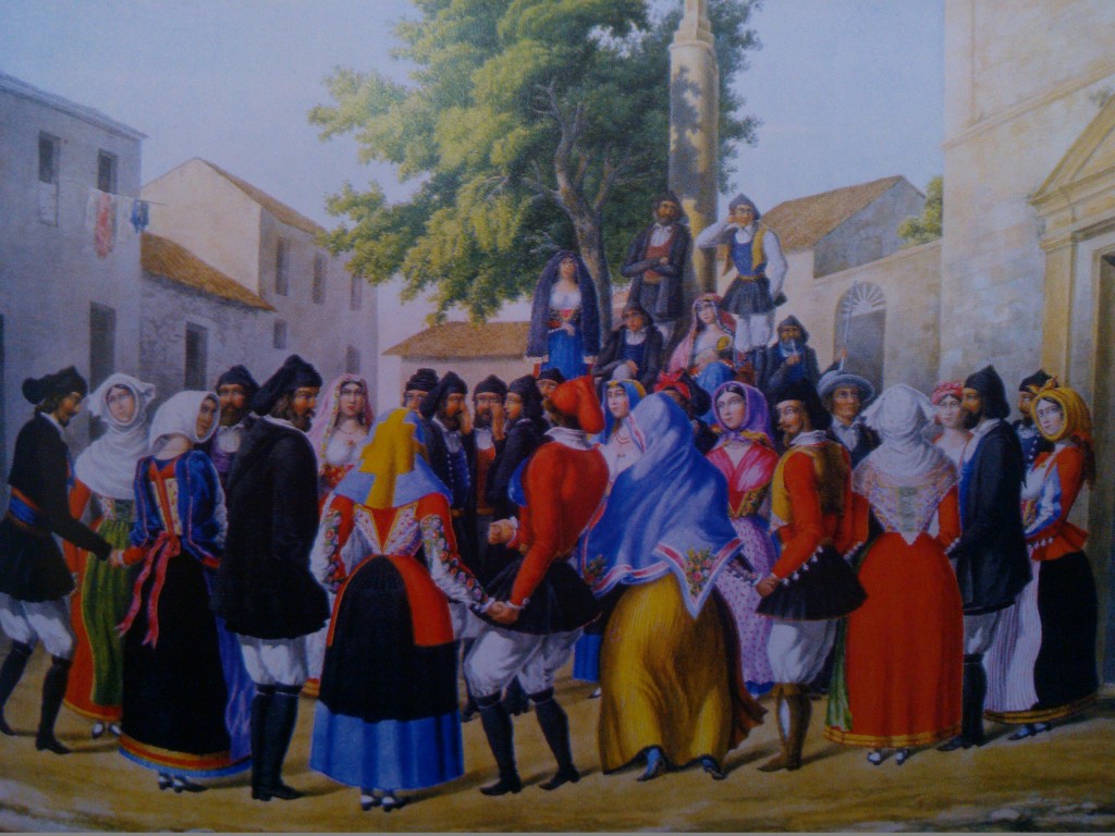 Su ballu tondu a cantigu in su patiu de Cheja”, watercolour by S.Manca di Mores, 1861. Photo: from The collection of Sardinian costumes 1861/76, table n. 16